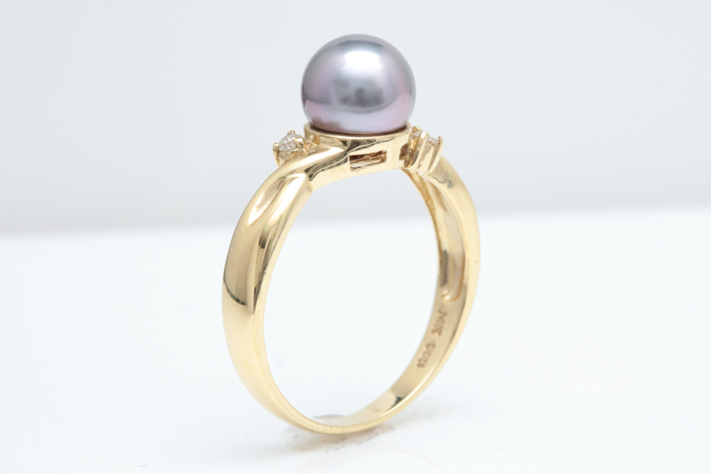 14K Yellow Gold, Dyed Akoya Pearl and Diamond Ring