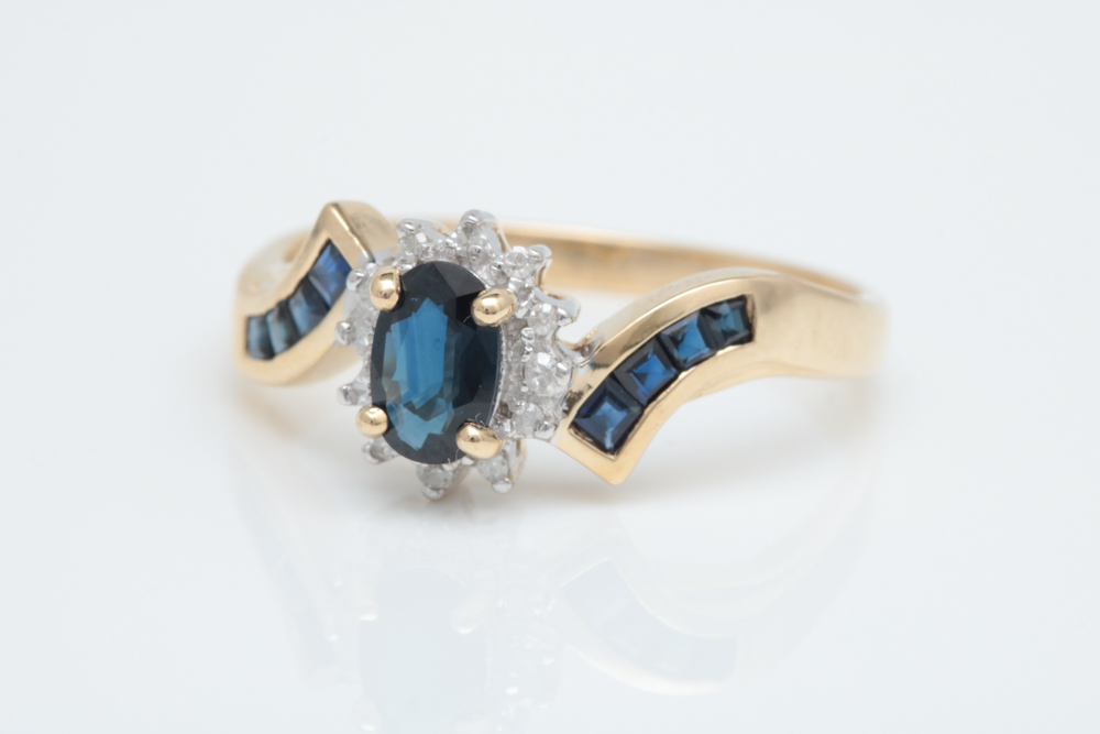 10K Yellow Gold, Blue Sapphire and Diamond Ring