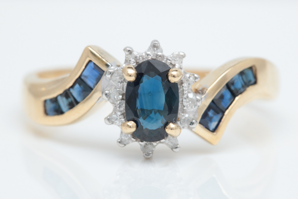 10K Yellow Gold, Blue Sapphire and Diamond Ring