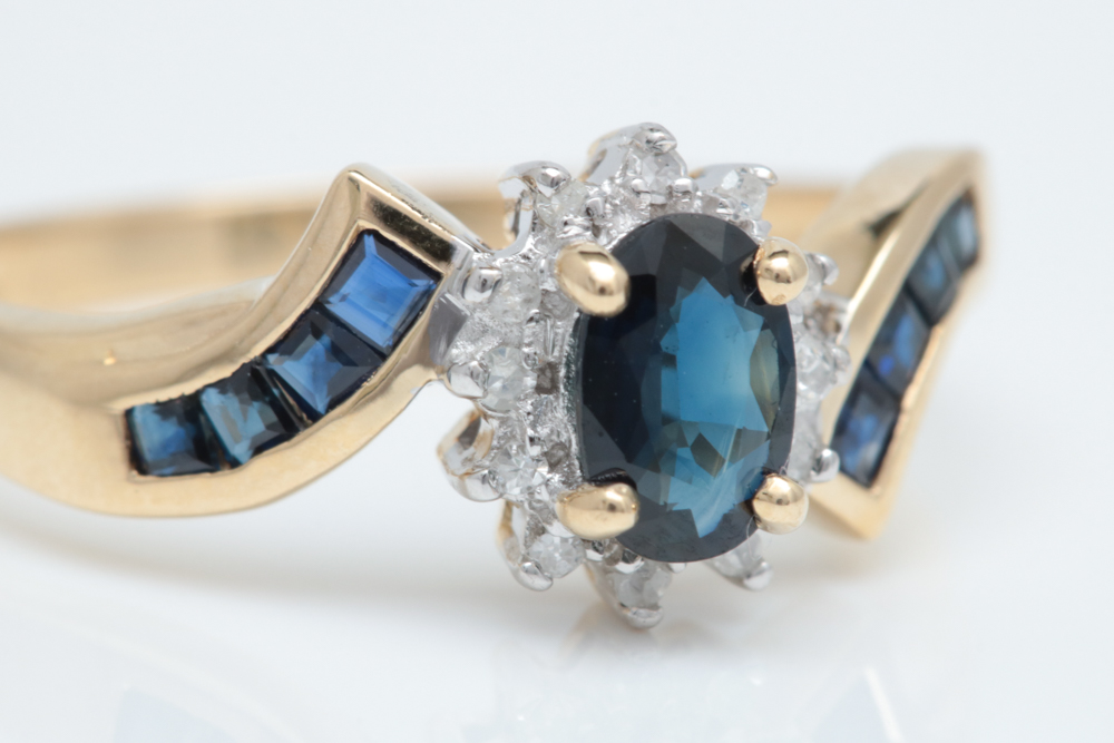 10K Yellow Gold, Blue Sapphire and Diamond Ring