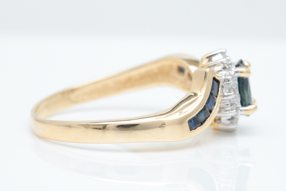 10K Yellow Gold, Blue Sapphire and Diamond Ring