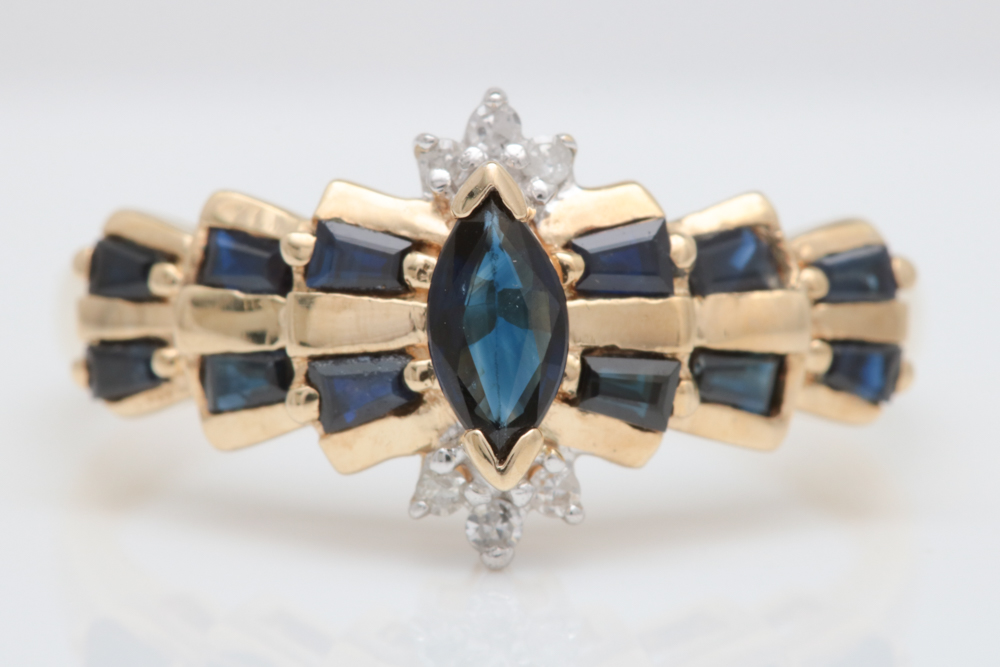 10K Yellow Gold, Blue Sapphire and Diamond Cocktail Ring