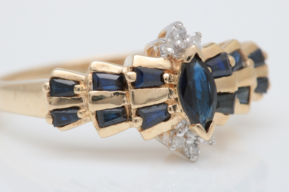 10K Yellow Gold, Blue Sapphire and Diamond Cocktail Ring
