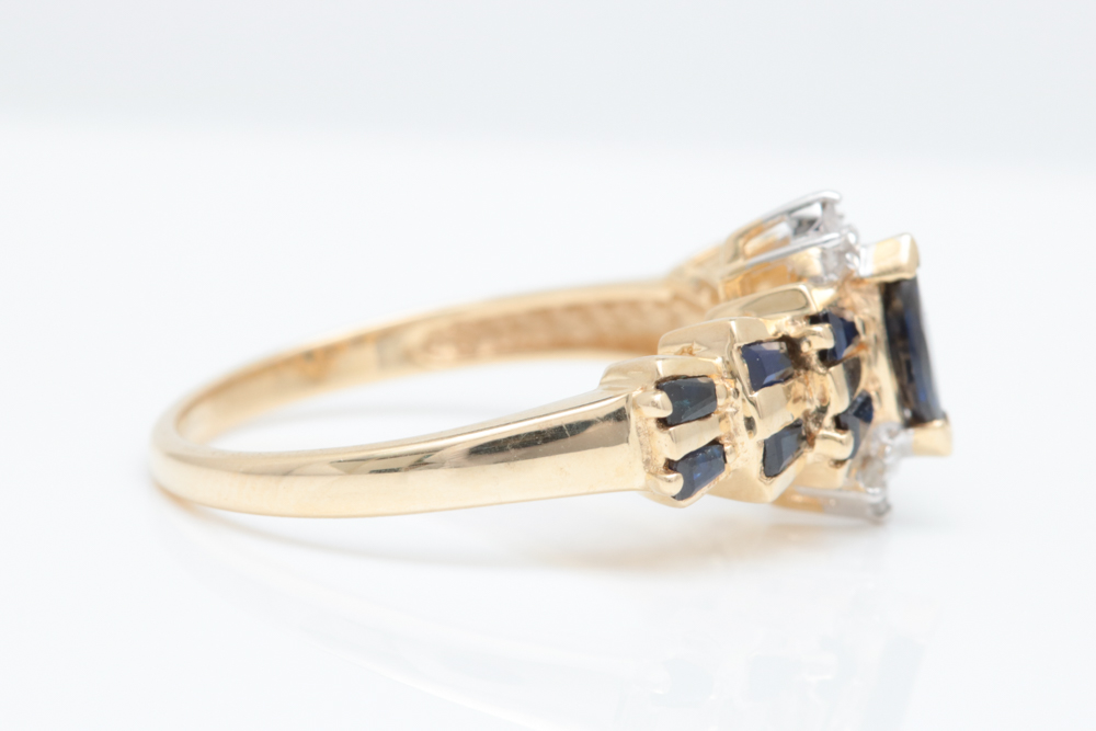10K Yellow Gold, Blue Sapphire and Diamond Cocktail Ring