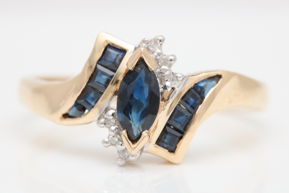 10K Yellow Gold, Blue Sapphire and Diamond Cocktail Ring