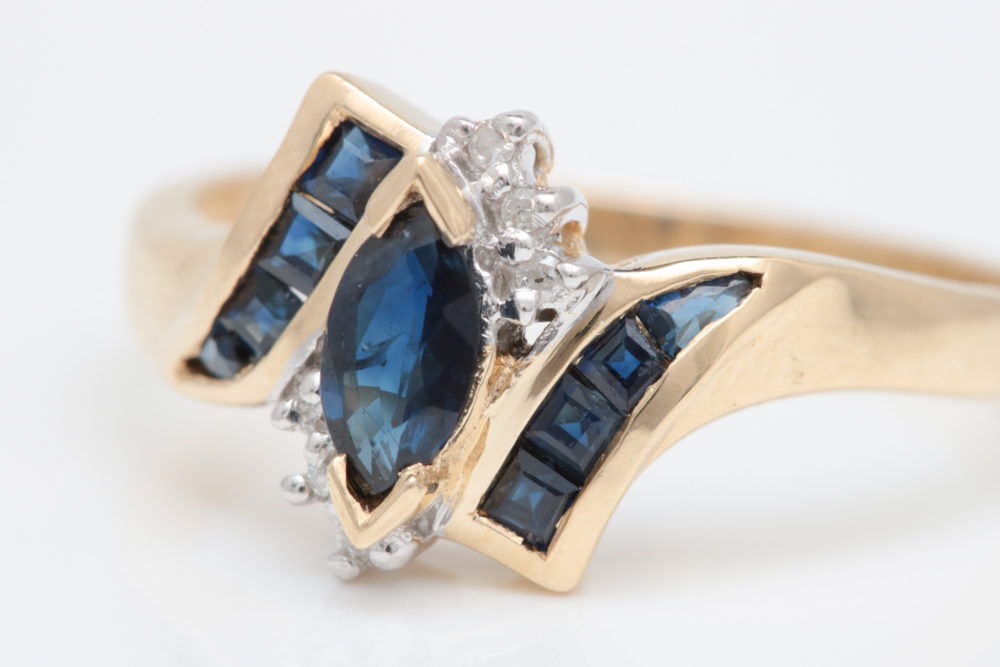 10K Yellow Gold, Blue Sapphire and Diamond Cocktail Ring