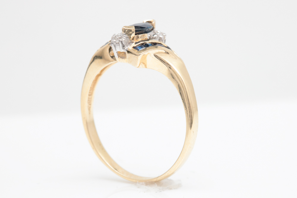 10K Yellow Gold, Blue Sapphire and Diamond Cocktail Ring