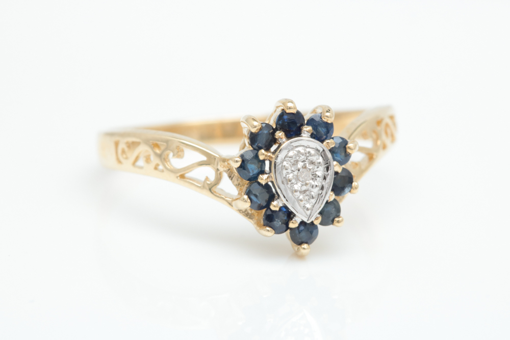 10K Yellow Gold, Blue Sapphire and Diamond Ring