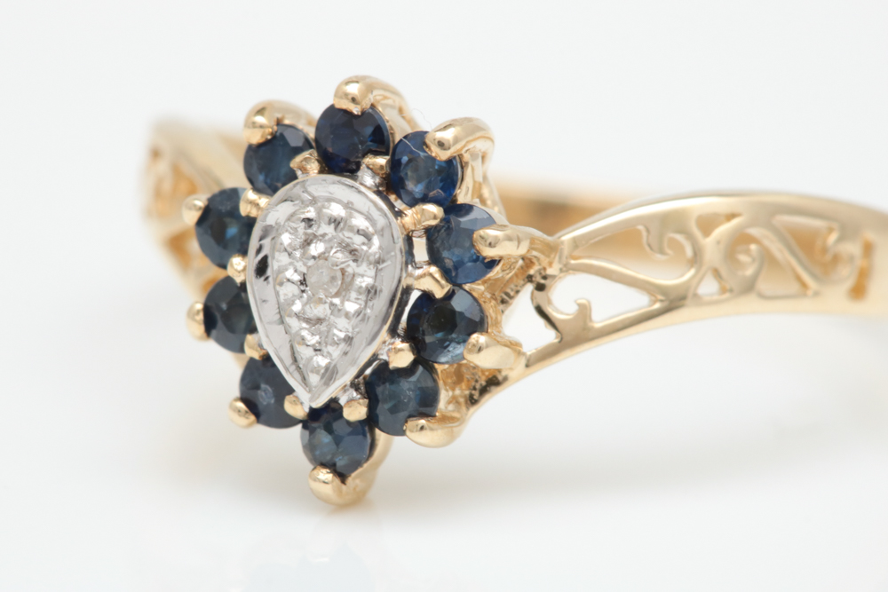 10K Yellow Gold, Blue Sapphire and Diamond Ring