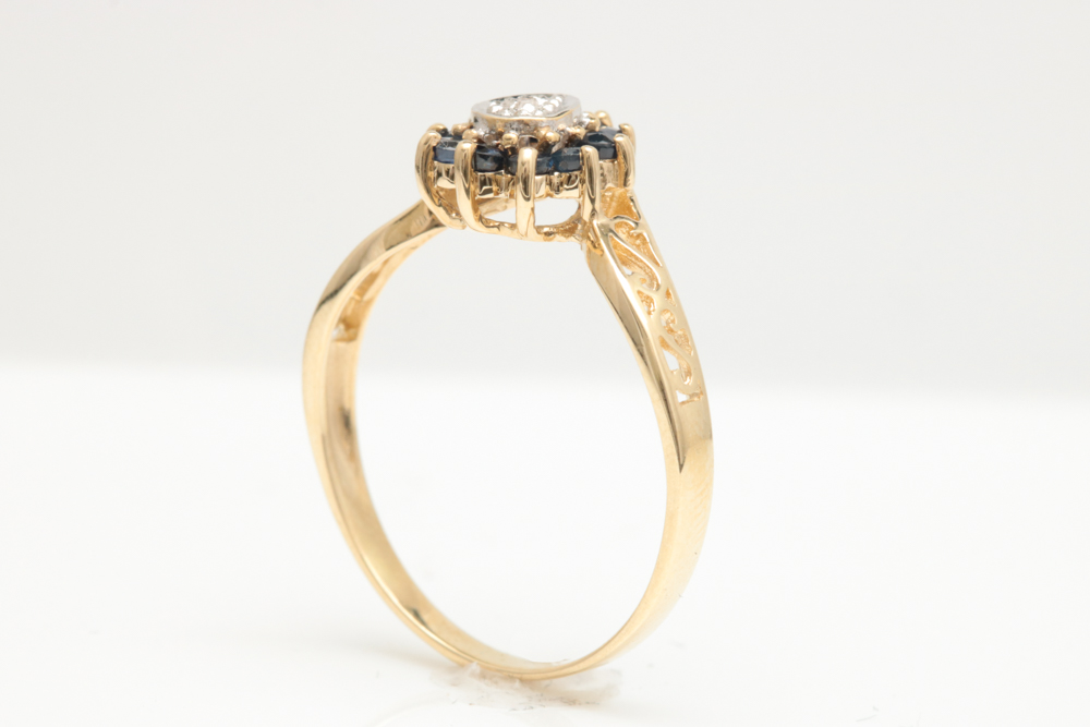 10K Yellow Gold, Blue Sapphire and Diamond Ring