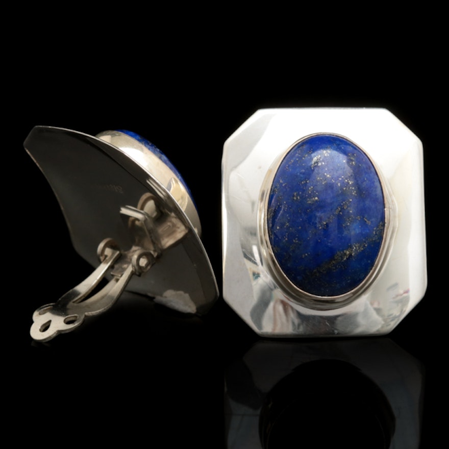 Sterling Silver and Lapis Lazuli Clip On Earrings