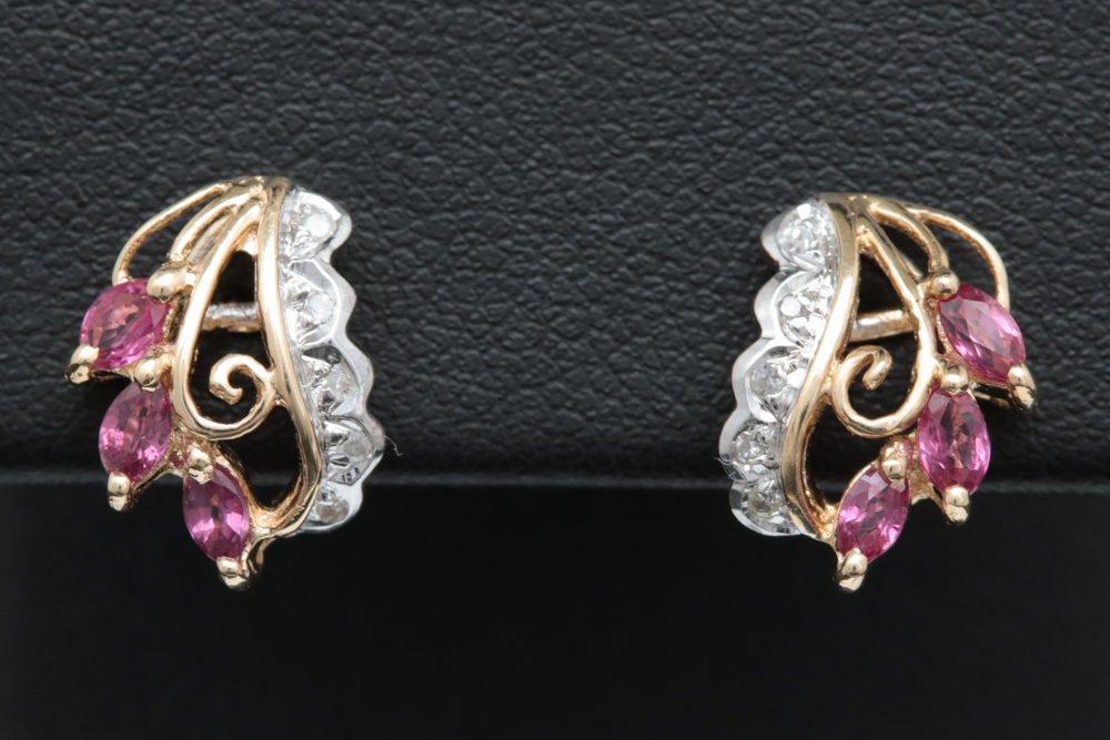 14K Yellow Gold, Ruby and Diamond Drop Earrings