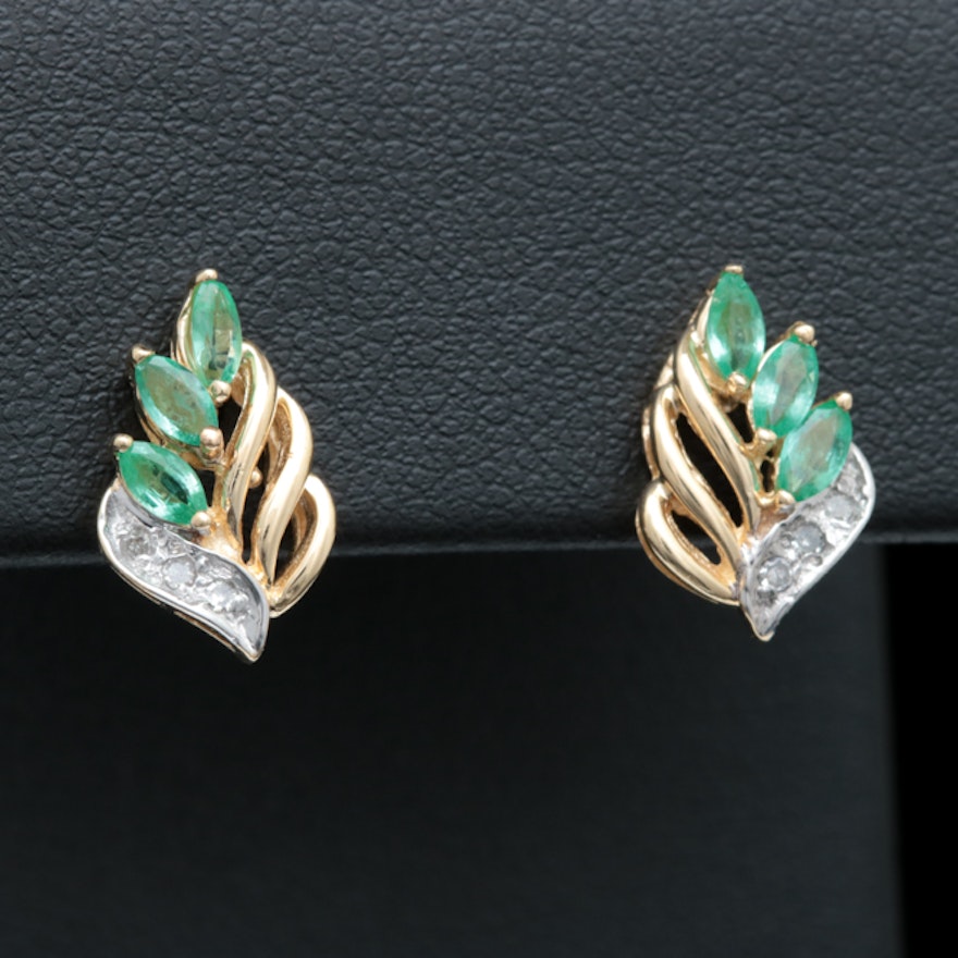 14K Yellow Gold, Emerald and Diamond Drop Earrings