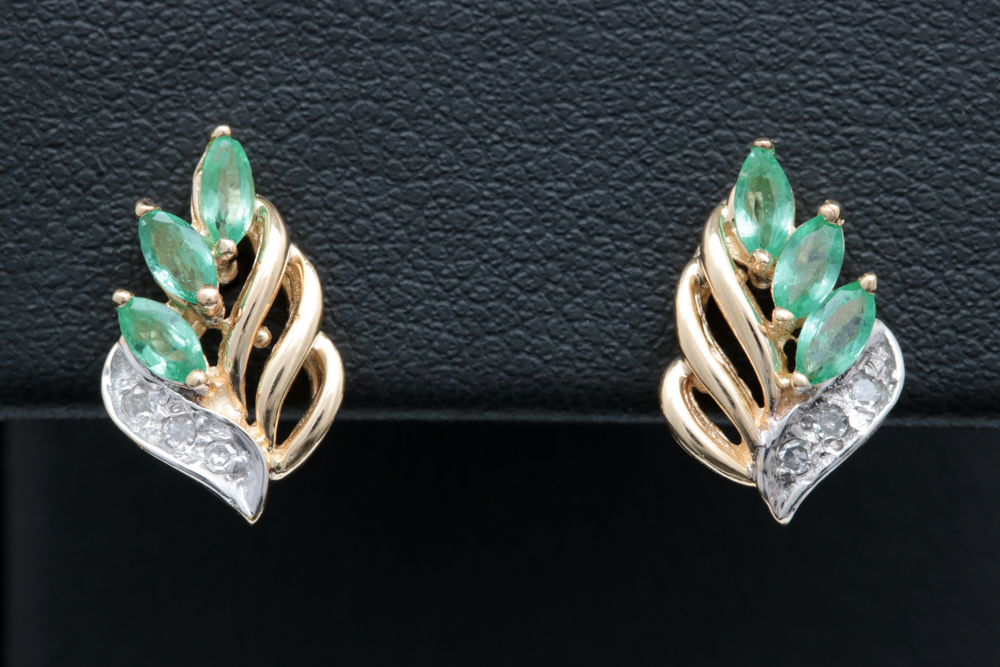 14K Yellow Gold, Emerald and Diamond Drop Earrings