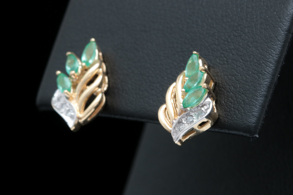 14K Yellow Gold, Emerald and Diamond Drop Earrings