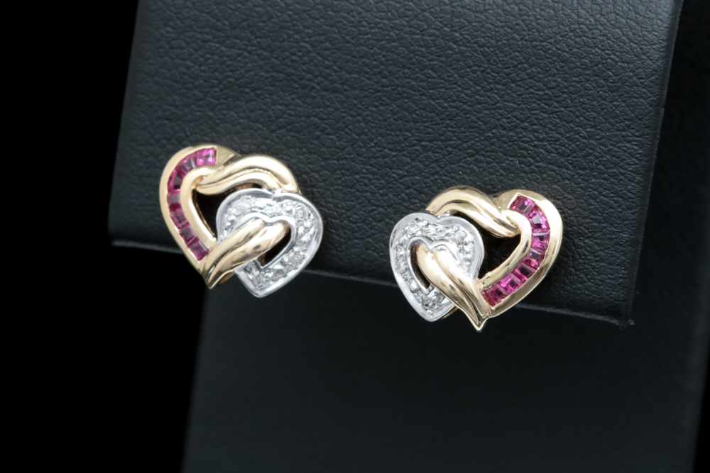 10K Yellow Gold, Ruby and Diamond Double Heart Earrings