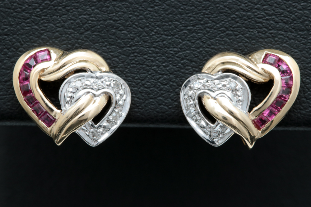 10K Yellow Gold, Ruby and Diamond Double Heart Earrings