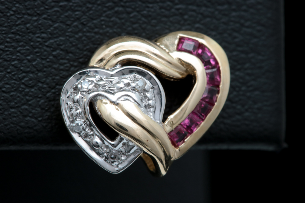 10K Yellow Gold, Ruby and Diamond Double Heart Earrings