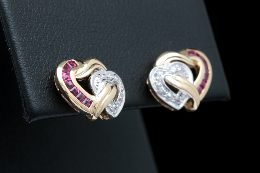 10K Yellow Gold, Ruby and Diamond Double Heart Earrings