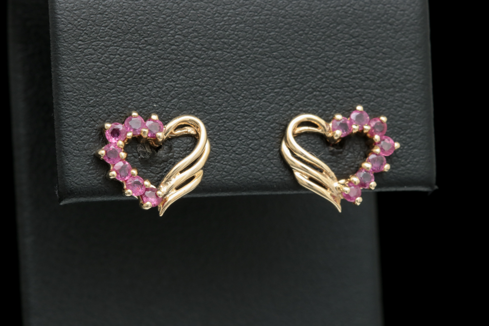 10K Yellow Gold and Ruby Open Heart Earrings