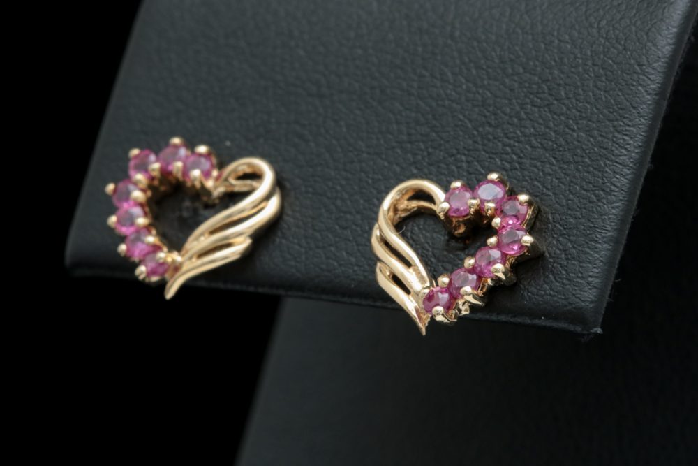 10K Yellow Gold and Ruby Open Heart Earrings