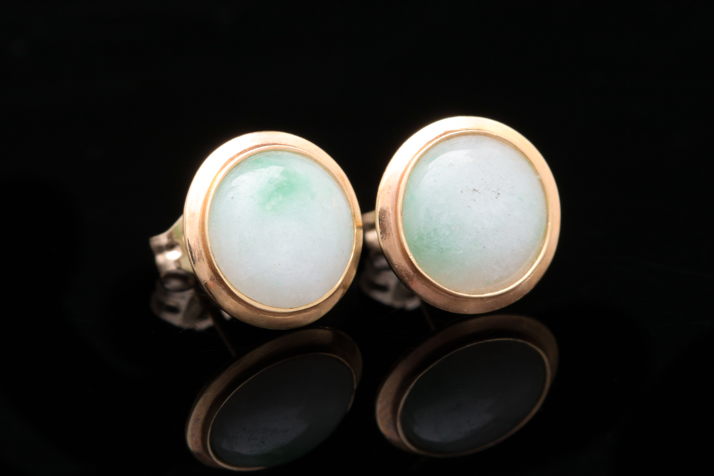 14K Yellow Gold and Green Nephrite Stud Earrings