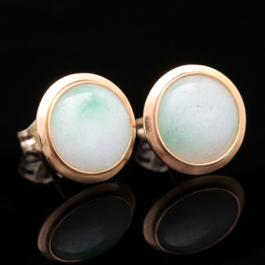 14K Yellow Gold and Green Nephrite Stud Earrings