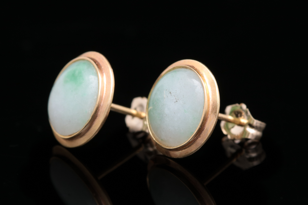 14K Yellow Gold and Green Nephrite Stud Earrings