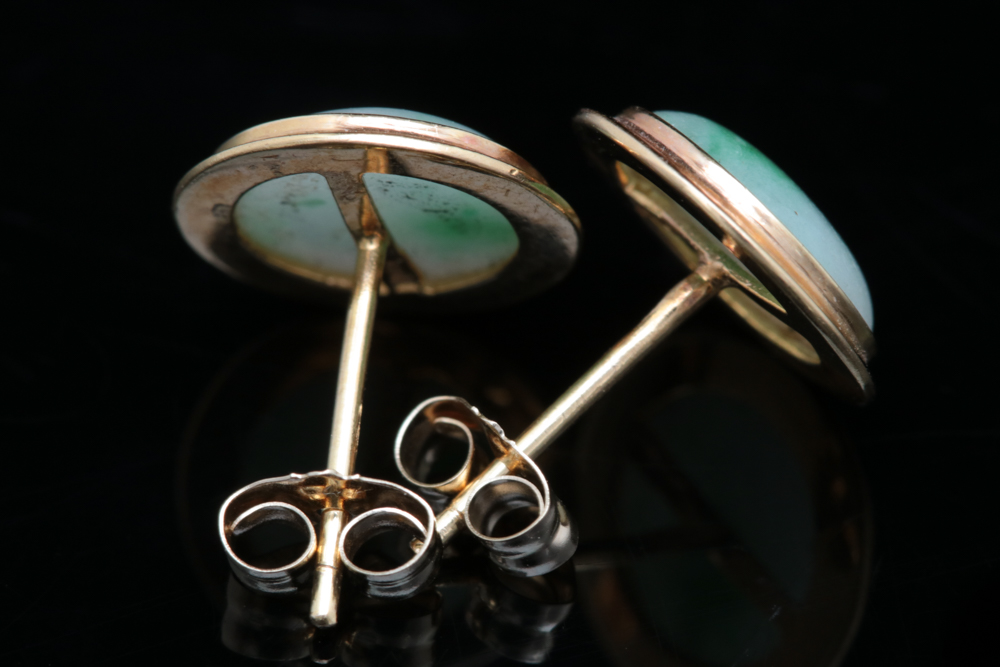 14K Yellow Gold and Green Nephrite Stud Earrings