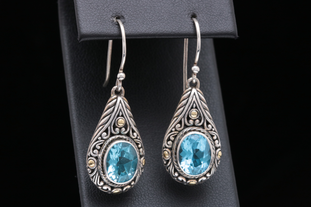 Robert Manse Sterling SIlver, 18K Yellow Gold and Blue Topaz Dangle Earrings