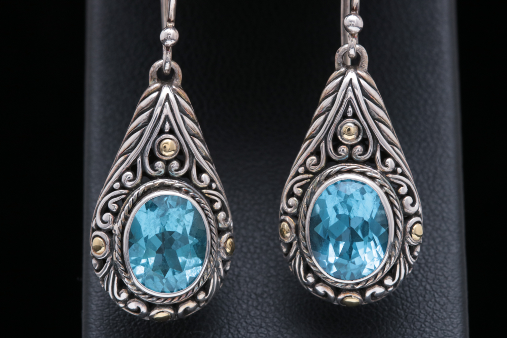 Robert Manse Sterling SIlver, 18K Yellow Gold and Blue Topaz Dangle Earrings