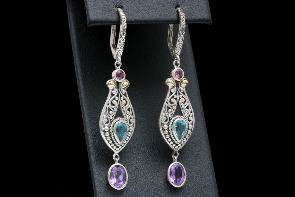Robert Manse Sterling Silver, 18K Yellow Gold and Multi-Gemstone Dangle Earrings