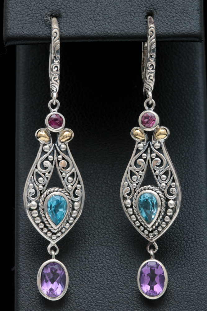 Robert Manse Sterling Silver, 18K Yellow Gold and Multi-Gemstone Dangle Earrings