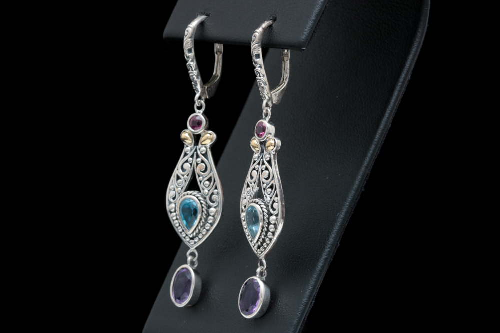 Robert Manse Sterling Silver, 18K Yellow Gold and Multi-Gemstone Dangle Earrings