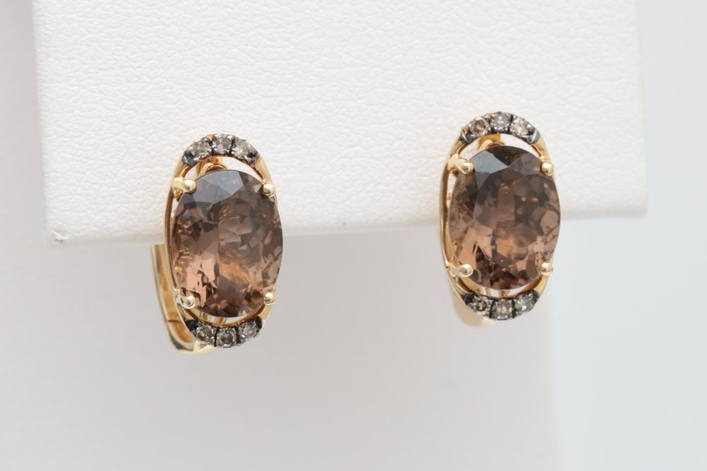 14K Yellow Gold, Smoky Quartz and Brown Diamond Drop Earrings