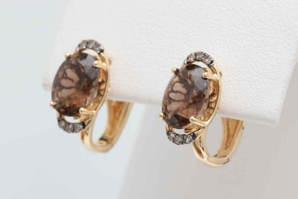 14K Yellow Gold, Smoky Quartz and Brown Diamond Drop Earrings