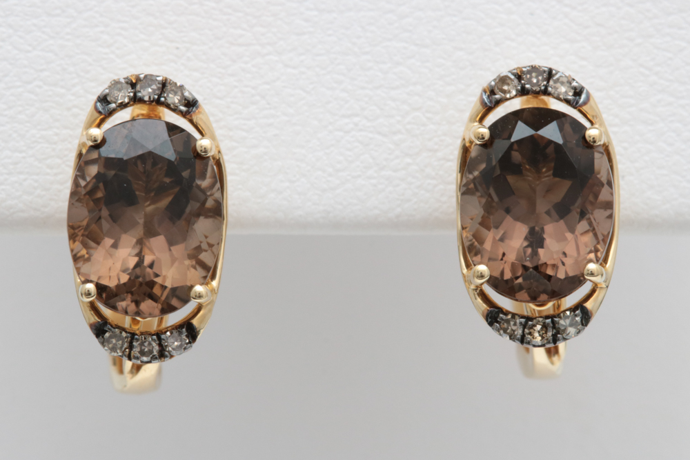 14K Yellow Gold, Smoky Quartz and Brown Diamond Drop Earrings