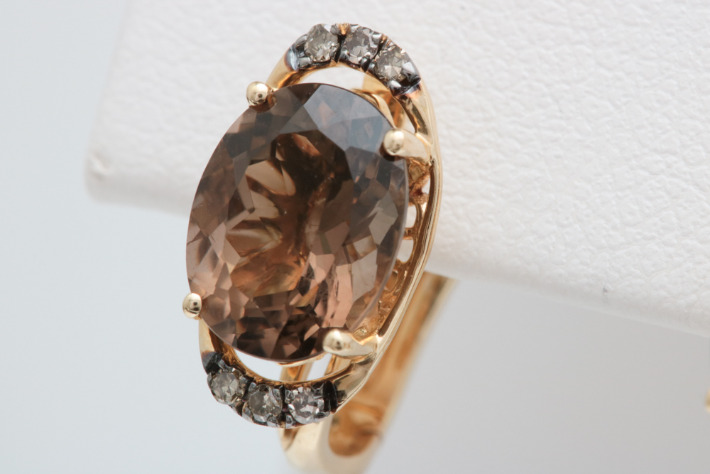 14K Yellow Gold, Smoky Quartz and Brown Diamond Drop Earrings