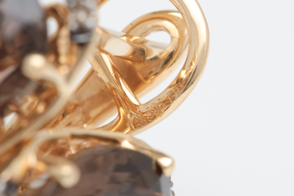 14K Yellow Gold, Smoky Quartz and Brown Diamond Drop Earrings