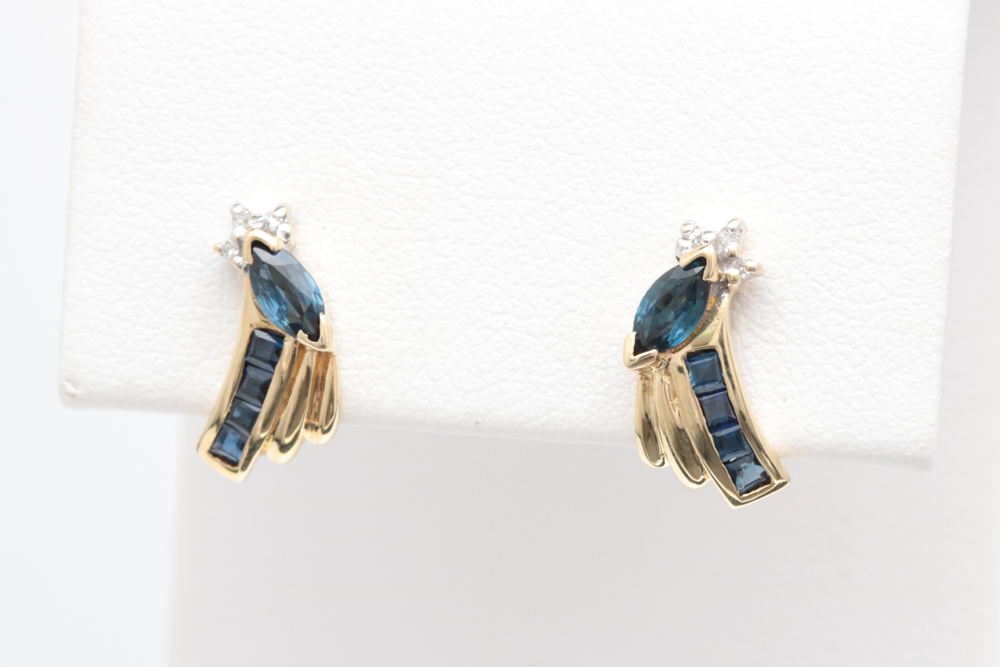 10K Yellow Gold, Blue Sapphire and Diamond Earrings