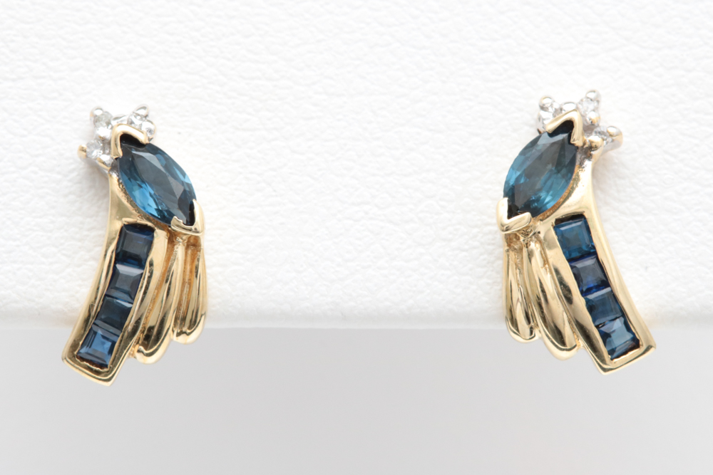 10K Yellow Gold, Blue Sapphire and Diamond Earrings