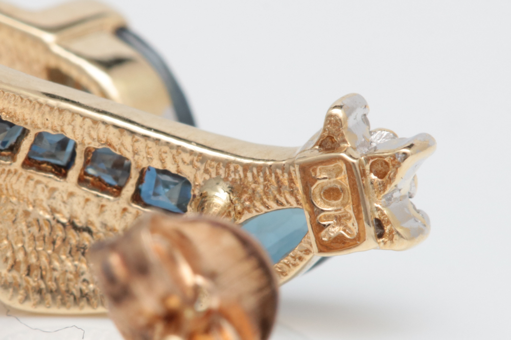 10K Yellow Gold, Blue Sapphire and Diamond Earrings