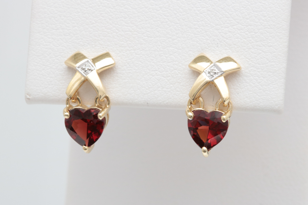 10K Yellow Gold, Heart-Shaped Garnet and Diamond Drop Earrings
