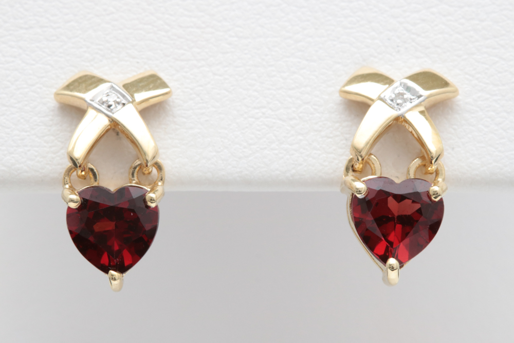 10K Yellow Gold, Heart-Shaped Garnet and Diamond Drop Earrings