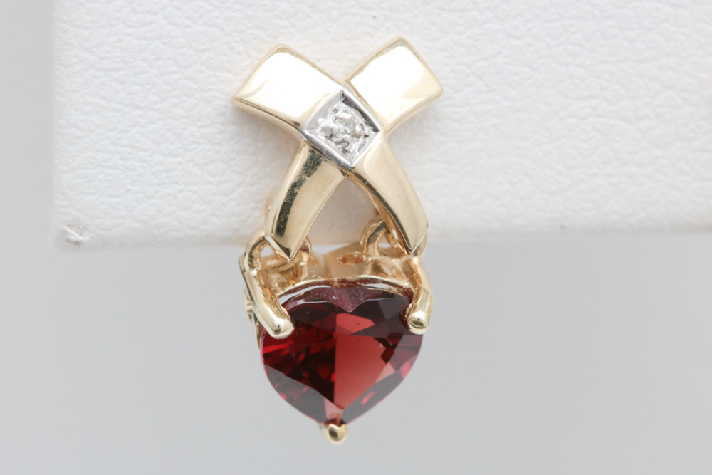 10K Yellow Gold, Heart-Shaped Garnet and Diamond Drop Earrings