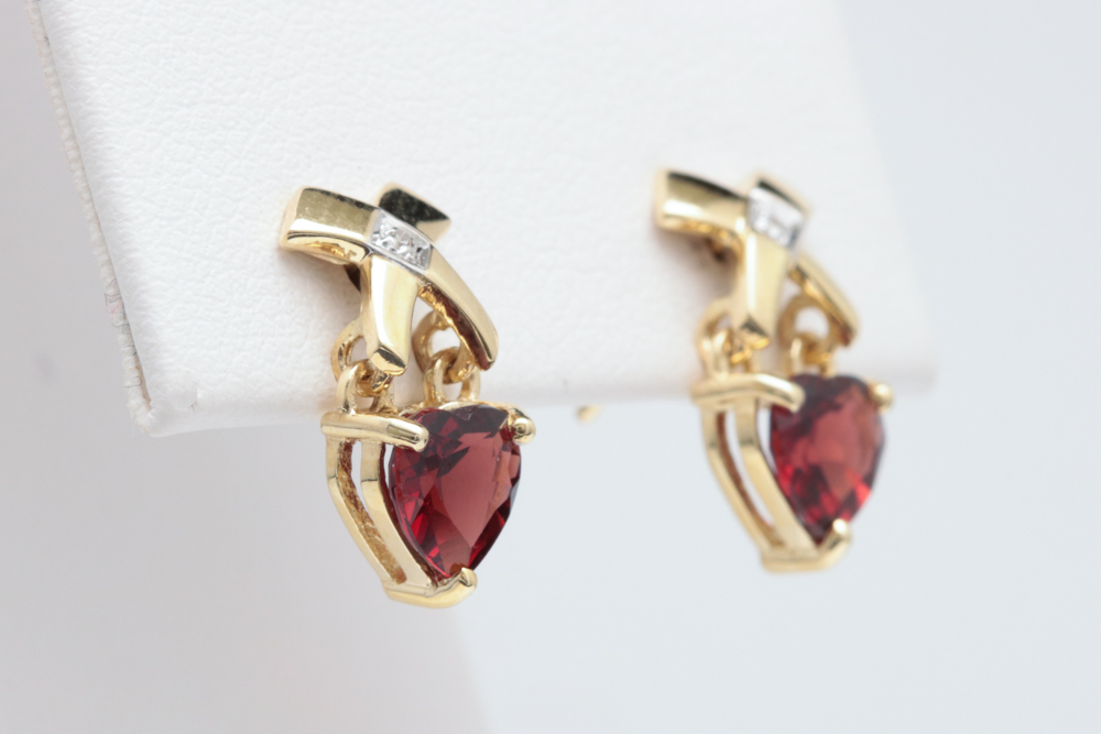 10K Yellow Gold, Heart-Shaped Garnet and Diamond Drop Earrings