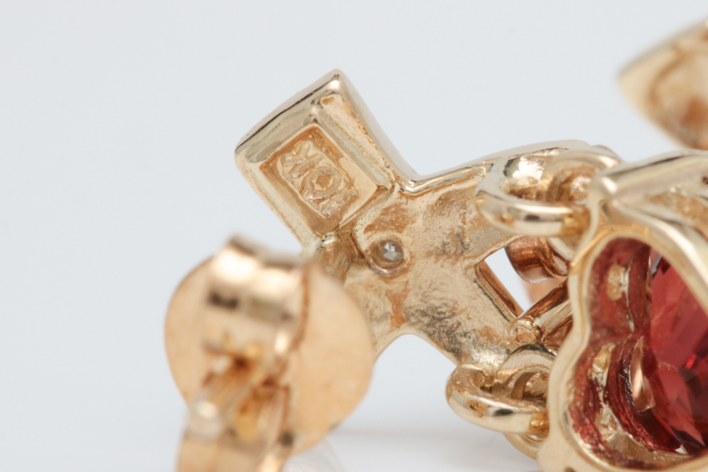 10K Yellow Gold, Heart-Shaped Garnet and Diamond Drop Earrings