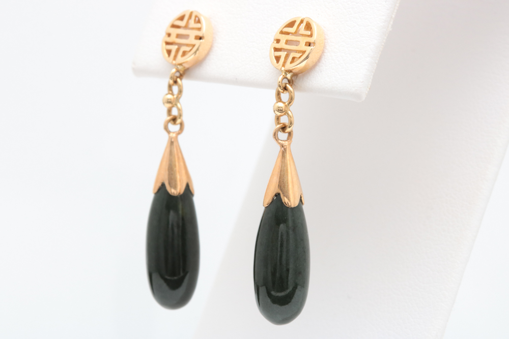 14K Yellow Gold and Black Jadeite Dangle Earrings