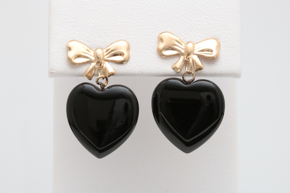 14K Yellow Gold and Black Chalcedony Heart Dangle Earrings