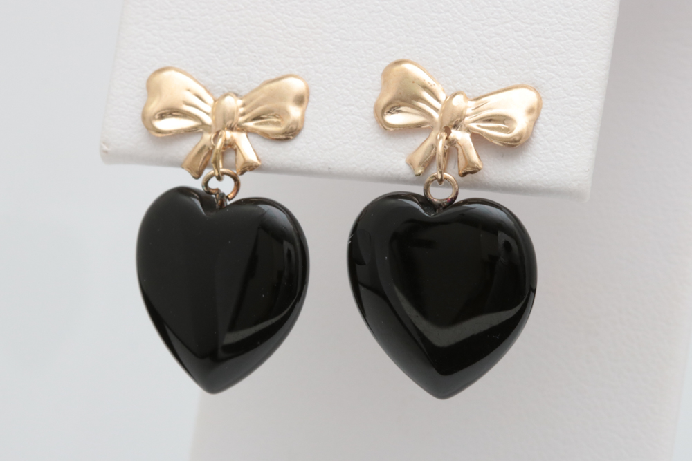 14K Yellow Gold and Black Chalcedony Heart Dangle Earrings